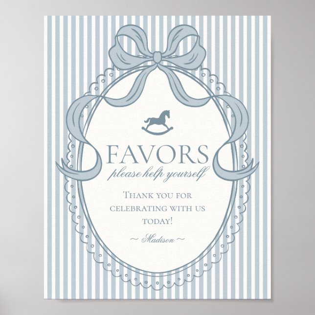 Blue Coquette Bow Rocking Horse Stripe Favors Sign Poster (Framsidan)