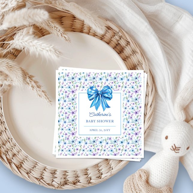 Blue Coquette Bow Wildblomme Blommigt Baby Shower Pappersservett (Skapare uppladdad)