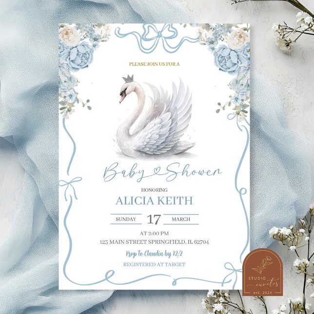 Blue Coquette Crowned Swan Baby Shower Inbjudningar (Skapare uppladdad)