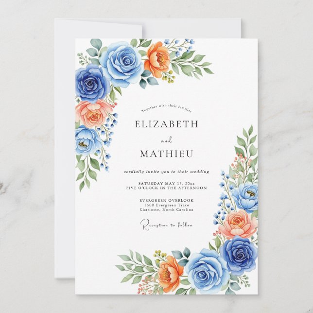 Blue Coral Botanical Romance Wedding Inbjudningar (Framsida)