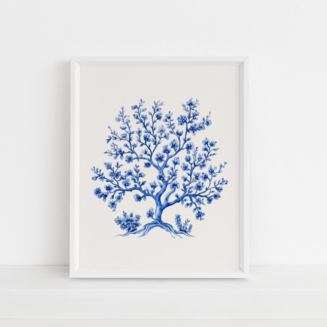 Blue Coral Gren - Kustblått på Beige Poster (Blue Coral Branch – Coastal Blue on Beige Poster in a white frame on the floor)