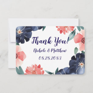 Blue & Coral Paint Bouquet Bröllop Tack Kort