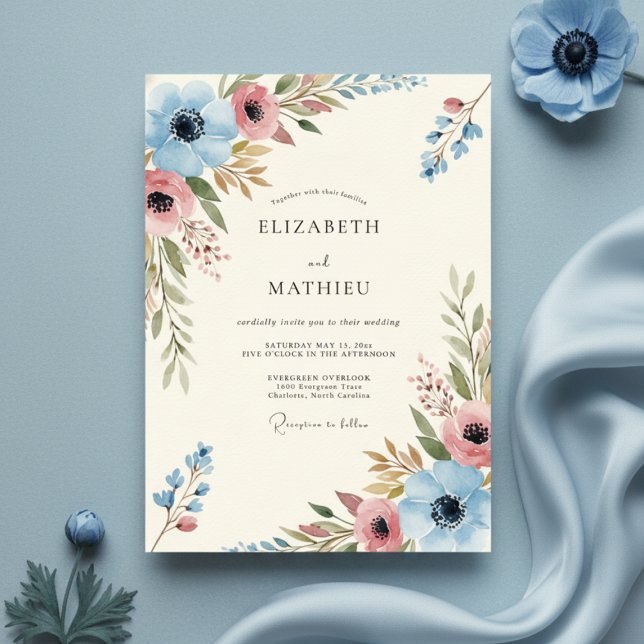 Blue Coral Painterly Bloom Wedding Inbjudningar (Skapare uppladdad)