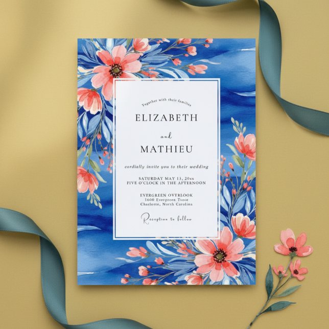 Blue Coral Painterly Botanical Wedding Inbjudningar (Skapare uppladdad)