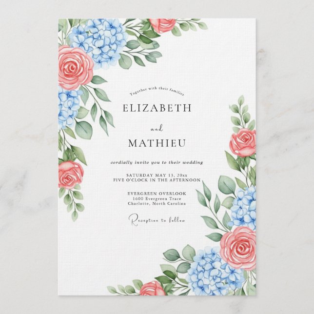 Blue Coral Rose Botanical Wedding Inbjudningar (Framsida)