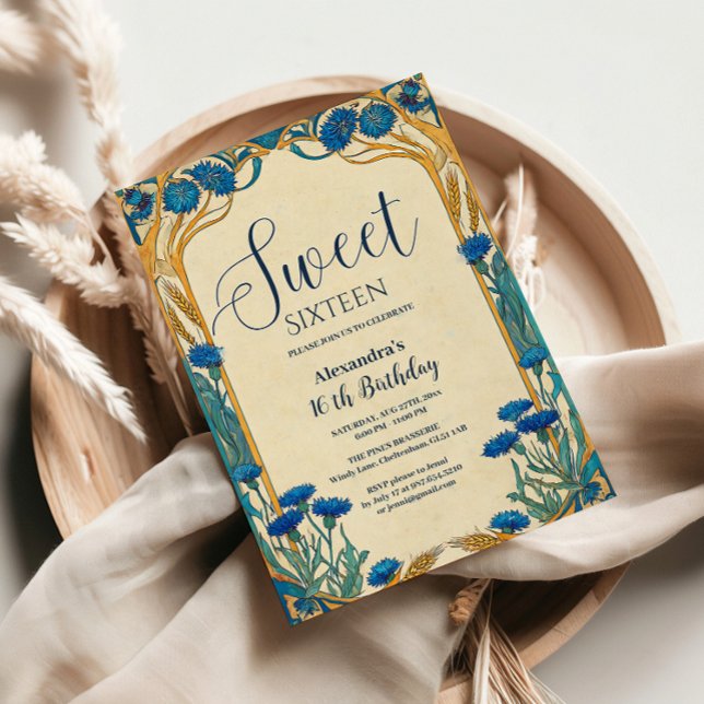 Blue Cornflower Art Nouveau Sweet Sixteen Inbjudningar (Skapare uppladdad)