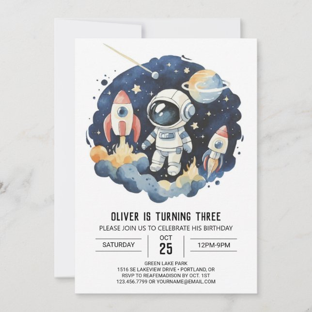 Blue Cosmic Cute Astronaut Boy Birthday Inbjudningar (Framsida)