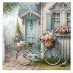 Blue Cottage Bike med Vår Flower Basket Kakelplatta<br><div class="desc">En mjuk bryggning rör sig genom den här vattenfärgade cottagecore-scenen, där en pulverblå cykel vilar längs en böjd trädgård väg som är klädd med blåspolar och pastellblommor. Vintagens blå hus - med snöre-garvade fönster, gingerbrödstrim och skrumpad charm - är inramat av en vismisk betesstaket och inbrott i flodbäddar. Basket överflödar...</div>