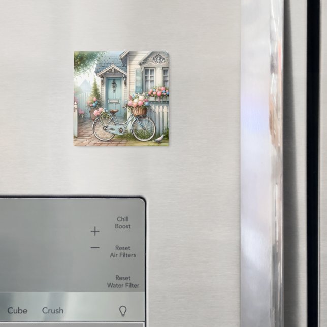 Blue Cottage Bike med Vår Flower Basket Magnet (In Situ (Fridge))