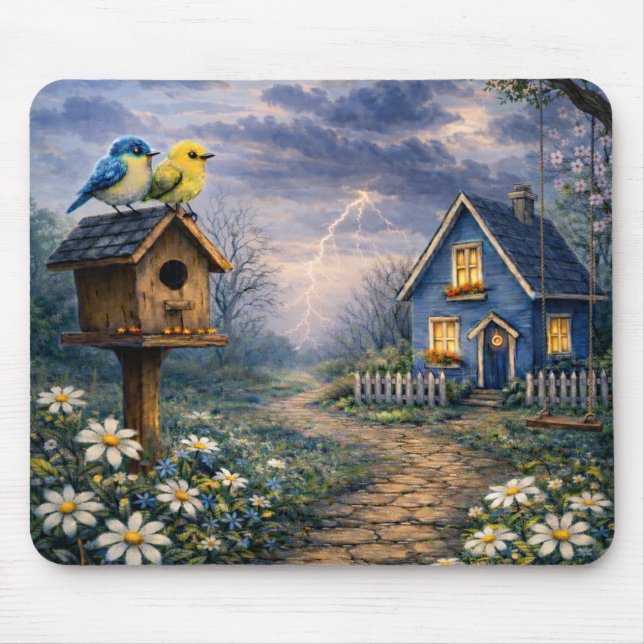 Blue Cottage Birdhouse Storm Mouse Pad Musmatta (Framsidan)