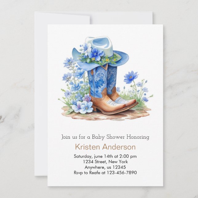 Blue Cowboy Boots och Hat Baby Shower Inbjudningar (Framsida)
