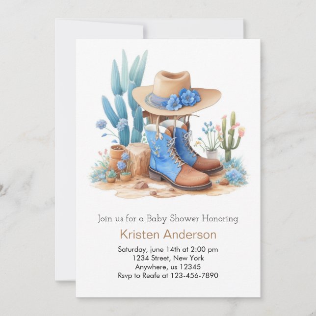 Blue Cowboy Boots Watercolor Baby Shower Inbjudningar (Framsida)
