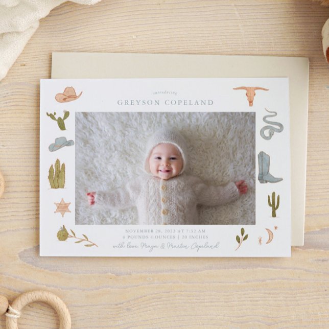 Blue Cowboys Baby Photo Birth Announcement Meddelande (Skapare uppladdad)