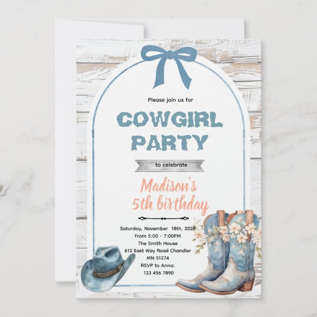 Blue cowgirl party invitation inbjudningar (Framsida)