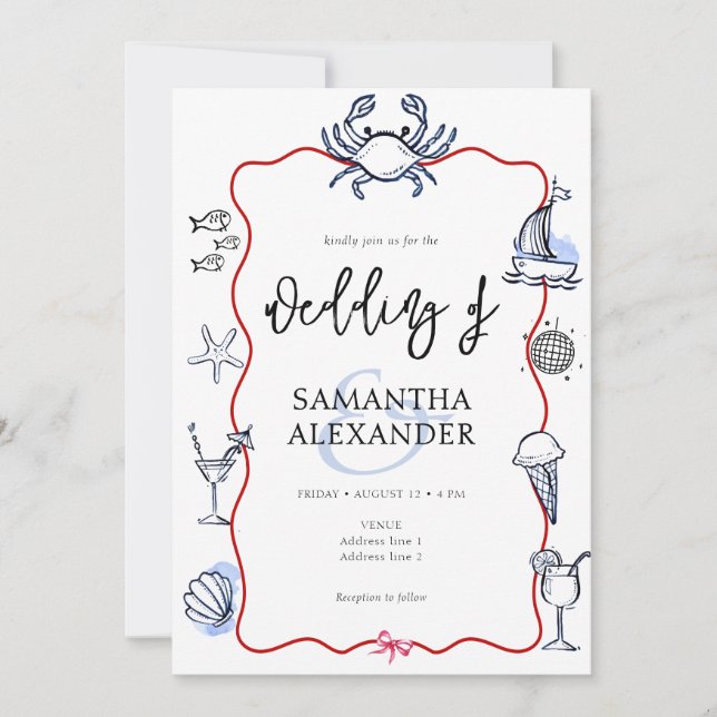 Blue Crab Doodle Beach QR Code RSVP Casual Wedding Inbjudningar (Framsida)