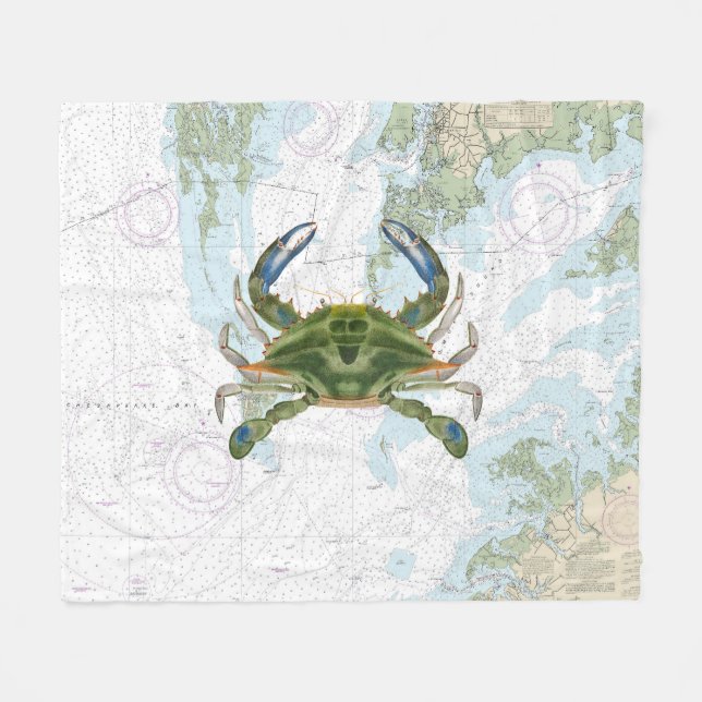 Blue Crab med Chesapeake Bay Nautical Chart Fleecefilt (Framsidan (Horisontell))