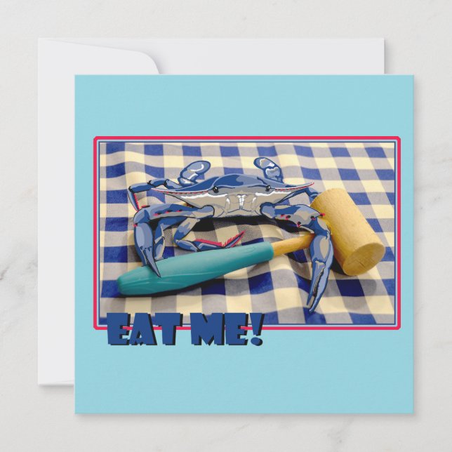 Blue Crab with mallet on gingham tabellecloth Eat  Inbjudningar (Framsida)