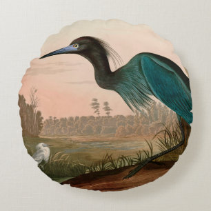 Blue Crane eller Heron Birds of America Audubon Pr Rund Kudde