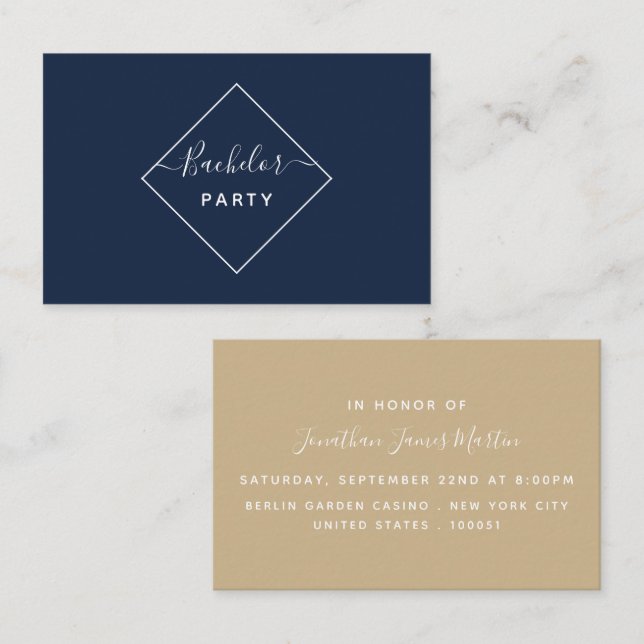 Blue & Cream Diamond Bachelor Party Biljett Inbjud (Fram/baksida)