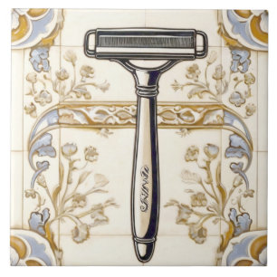 Blue Cream & Guld Shaving Razor Shaver Bathroom Kakelplatta