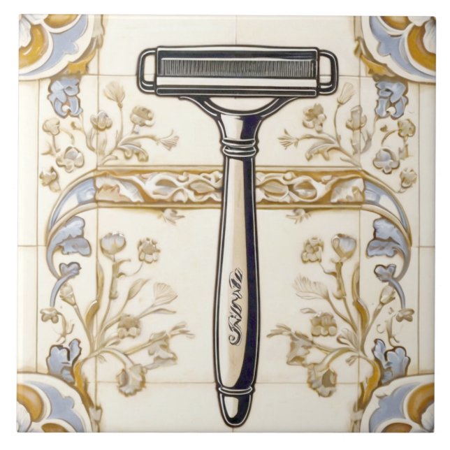 Blue Cream & Guld Shaving Razor Shaver Bathroom Kakelplatta (Framsidan)