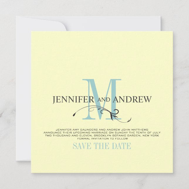 Blue Cream Save the Date Monogram-meddelande Inbjudningar (Framsida)