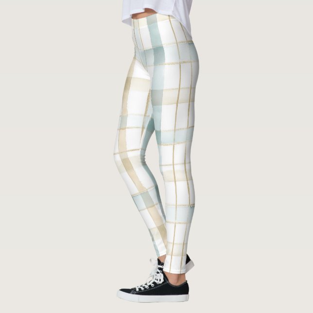 Blue Cream White Plaid Leggings (Vänster)