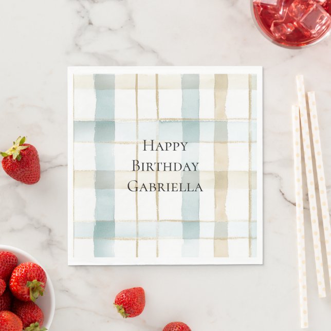 Blue Cream White Plaid Stripes Birthday Pappersservett (Insitu)