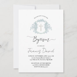 blue crest black script Baptism Invitation Inbjudningar