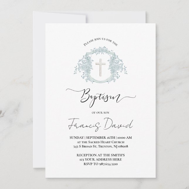 blue crest black script Baptism Invitation Inbjudningar (Framsida)