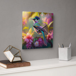 Blue Crestbow Winged Sunbird Fantasy Bird Fyrkantig Klocka