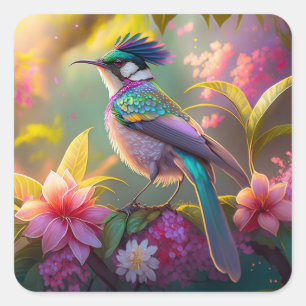 Blue Crestbow Winged Sunbird Fantasy Bird Fyrkantigt Klistermärke