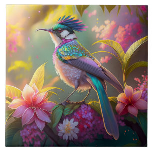 Blue Crestbow Winged Sunbird Fantasy Bird Kakelplatta