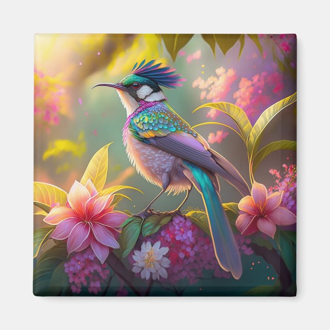 Blue Crestbow Winged Sunbird Fantasy Bird Magnet (Framsidan)