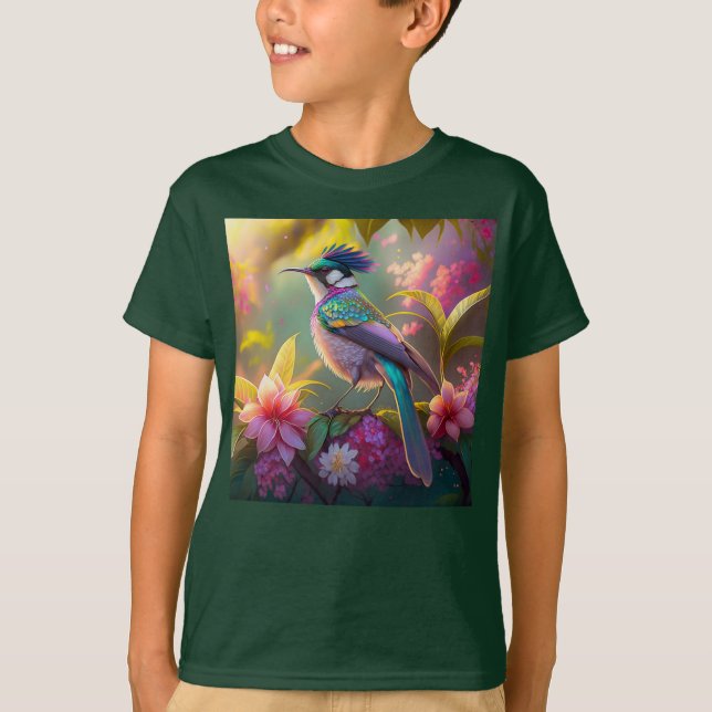 Blue Crestbow Winged Sunbird Fantasy Bird T Shirt (Framsida)