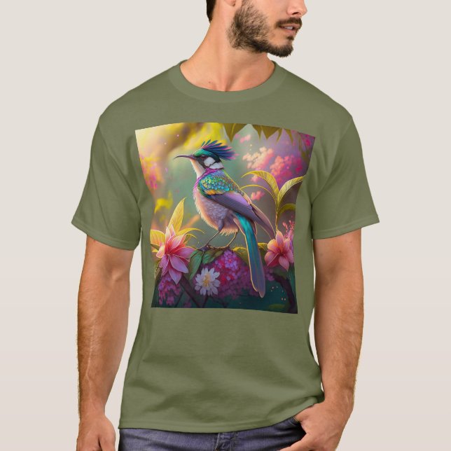 Blue Crestbow Winged Sunbird Fantasy Bird T Shirt (Framsida)