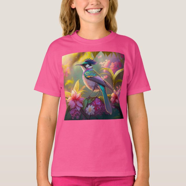 Blue Crestbow Winged Sunbird Fantasy Bird T Shirt (Framsida)