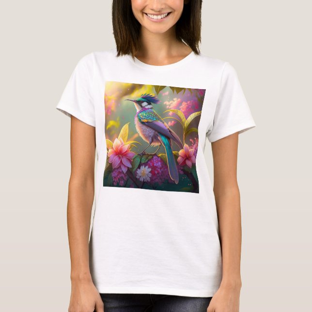Blue Crestbow Winged Sunbird Fantasy Bird T Shirt (Framsida)