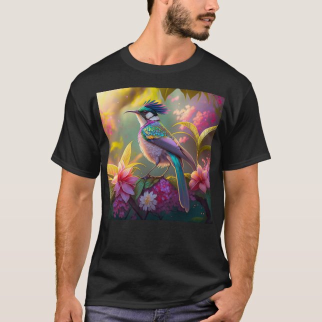 Blue Crestbow Winged Sunbird Fantasy Bird T Shirt (Framsida)