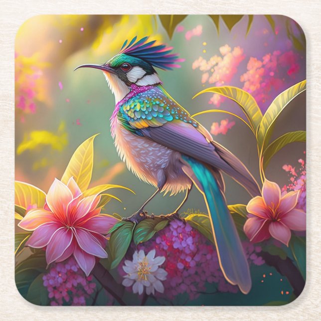 Blue Crestbow Winged Sunbird Fantasy Bird Underlägg Papper Kvadrat (Framsidan)