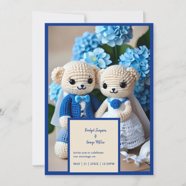 Blue crochet bröllop-parinbjudan (Framsida)