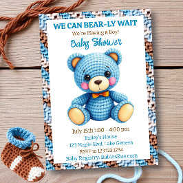 Blue Crocheted Teddy Bear Boy's Baby Shower Inbjudningar