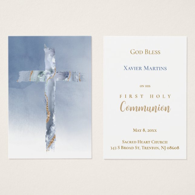 Blue cross First Communion remembrance card Visitkort (Framsida & baksida)