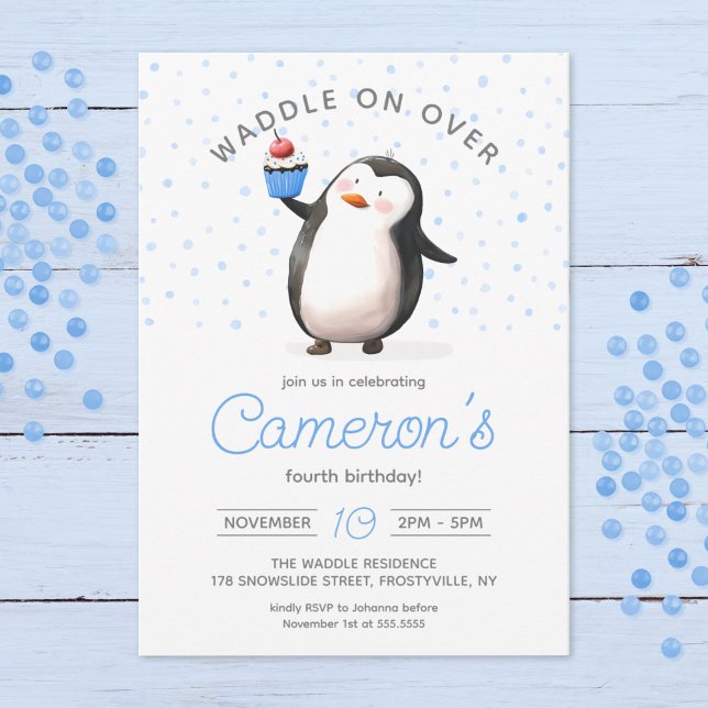 Blue Cupkaka Penguin Firande, barn Birthday Inbjudningar (Skapare uppladdad)