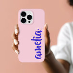 Blue custom name script pink<br><div class="desc">Pink phone cover featuring your name in blue in a script font.</div>