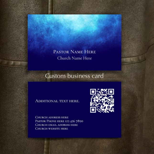 Blue Custom Text Christian Church Pastor QR Code  Visitkort (Personalize this unique modern custom business card template. Blue nebula original design.)