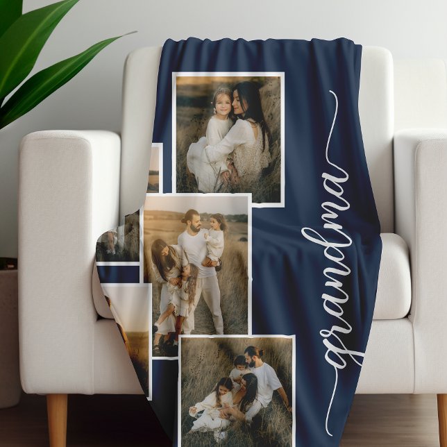 Blue Customized Grandma Grandkid 5 Photo Collage Fleecefilt (Skapare uppladdad)
