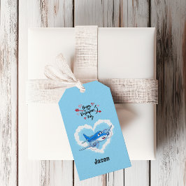 Blue Cute Airplan & Clouds, Kids Valentindag Presentetikett