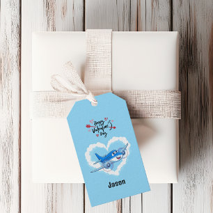 Blue Cute Airplan & Clouds, Kids Valentindag Presentetikett
