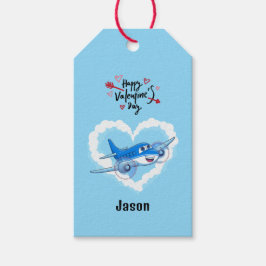 Blue Cute Airplan & Clouds, Kids Valentindag Presentetikett